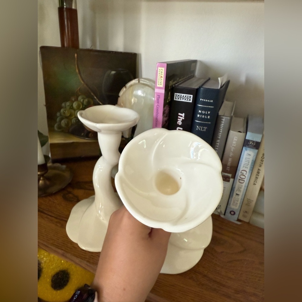 Cream Lilypad Pair Of Candlestick Holders Cottagecore - Picture 7 of 8